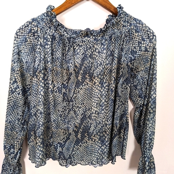 ASOS Shirred Bardot Snakeskin Print Long Sleeve Boxy Fit Sheer Blouse - Picture 3 of 8